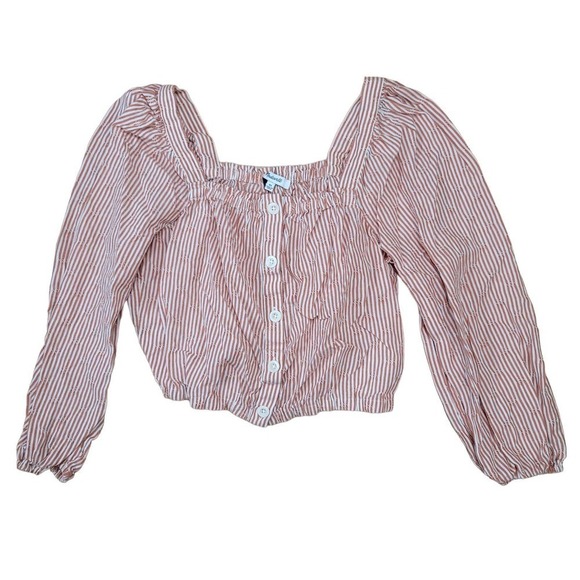 Madewell Puff-Sleeve Button-Front Crop Top in Embroidered Stripe - Picture 1 of 9